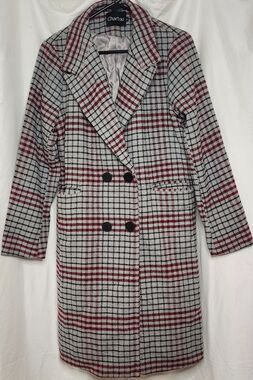Chartou Plaid Pea Coat M Grey Red Black Wool Blend Longline Structured Jacket